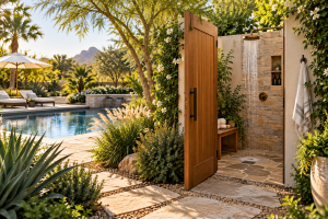 Poolside outdoor shower surrounded by tropical landscaping and natural stone.