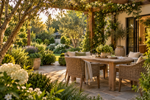 Small backyard seating area surrounded by layered garden planting and natural materials