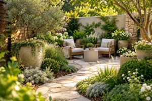 Small backyard seating area surrounded by layered garden planting and natural materials.